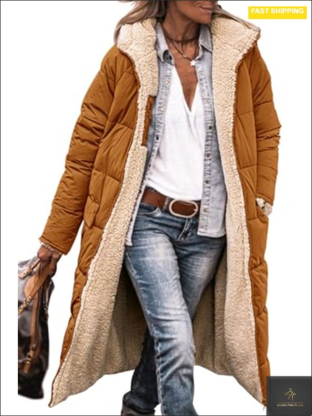 Women's Sherpa Fleece Long Full Zip Hooded Puffer Winter Coat